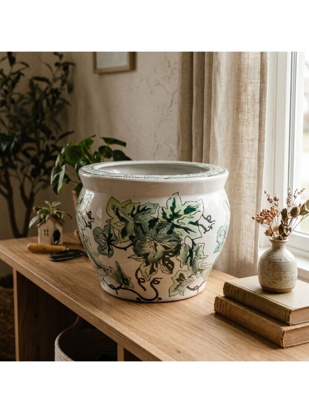 Vintage Chinese Porcelain Fishbowl Planter, Green Ivy Leaf Cachepot Pot 8"